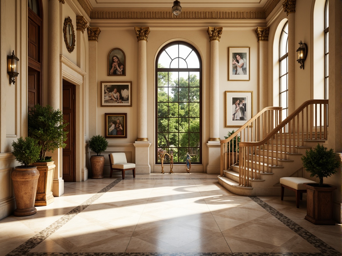 Prompt: Elegant classical architecture, ornate columns, intricately carved details, soft warm beige, muted earthy tones, rich walnut wood, polished marble floors, subtle gold accents, dramatic high ceilings, grand staircases, lush greenery, natural light pouring in, warm sunny day, shallow depth of field, 3/4 composition, realistic textures, ambient occlusion.