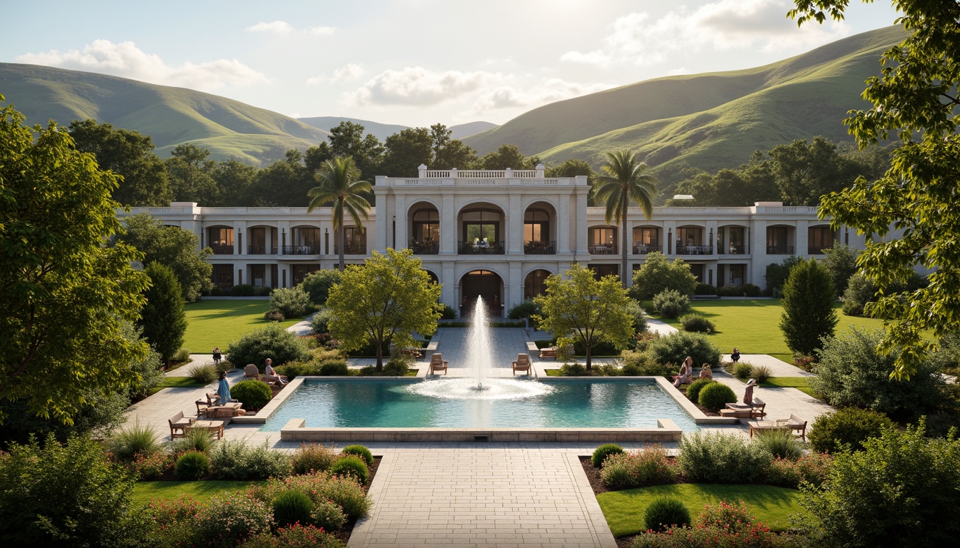 Prompt: Grand estate, rolling hills, serene lake, ornate fountains, walking paths, lush greenery, vibrant flowers, majestic trees, classic columns, symmetrical facades, arched windows, rustic stone walls, elegant balconies, refined ironwork, soft warm lighting, shallow depth of field, 3/4 composition, panoramic view, realistic textures, ambient occlusion.