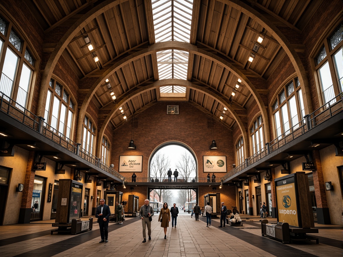 Prompt: Grandiose tram station, vaulted ceilings, Romanesque arches, ornate columns, intricate stone carvings, warm golden lighting, rustic brick walls, ceramic tile floors, vintage signage, distressed wooden benches, industrial steel beams, modern LED displays, elevated platforms, sweeping staircases, grand entrance halls, natural stone facades, urban cityscape, morning commute, soft focus, shallow depth of field, 1/2 composition.