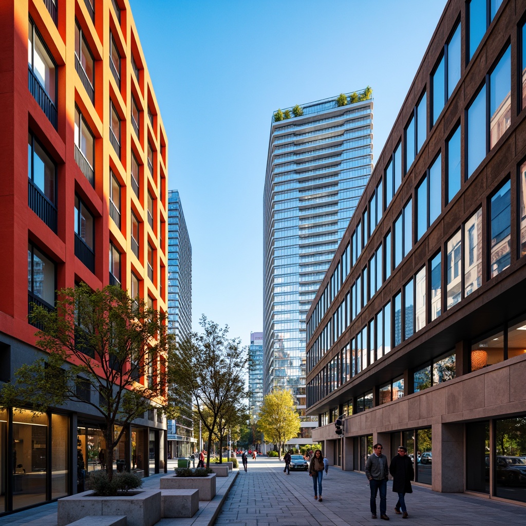 Prompt: Vibrant urban landscape, modern high-rise buildings, bold color schemes, contrasting textures, sleek glass facades, metallic accents, warm natural stone walls, cool blue skies, bright sunlight, shallow depth of field, 3/4 composition, realistic renderings, ambient occlusion.