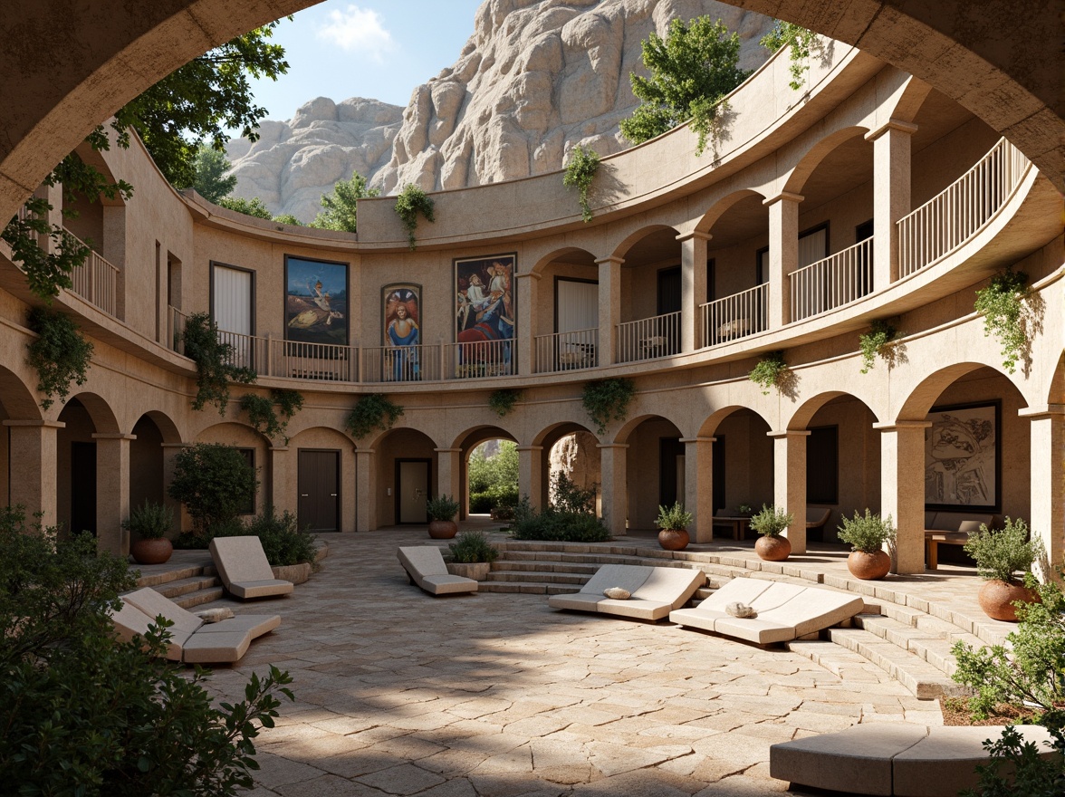 Prompt: Ancient Greek amphitheater, rustic stone walls, weathered marble seats, ornate frescoes, curved arches, grandiose columns, natural earthy tones, rough-hewn rock formations, sun-kissed terracotta pots, lush greenery, trailing vines, soft warm lighting, dramatic shadows, 3/4 composition, atmospheric perspective, realistic stone textures, subtle ambient occlusion.