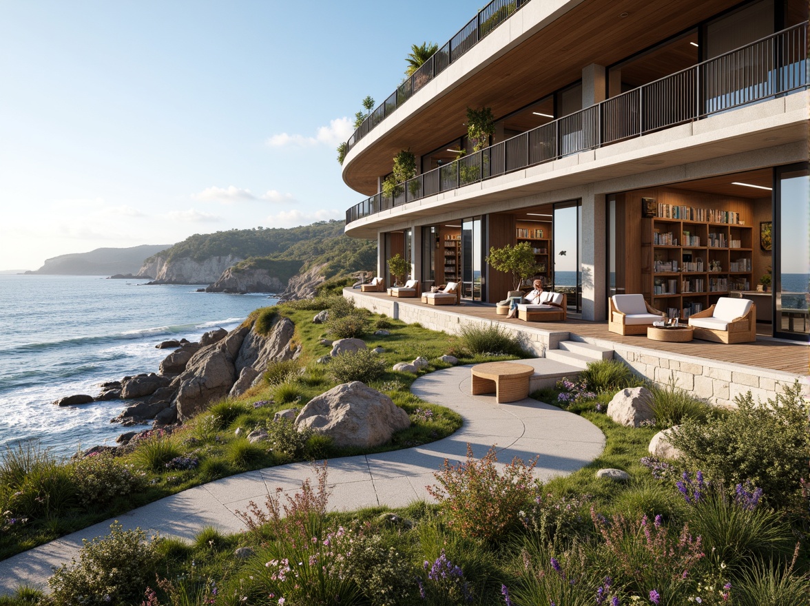 Prompt: Serenely curved coastline, rugged cliffside, crashing ocean waves, salty sea air, driftwood benches, nautical rope railings, weathered stone walls, soft green grasses, blooming beach flowers, educational signage, modern library architecture, large windows, sliding glass doors, abundance of natural light, warm cozy reading nooks, wooden shelving units, comfortable seating areas, panoramic ocean views, shallow depth of field, 3/4 composition, realistic textures, ambient occlusion.