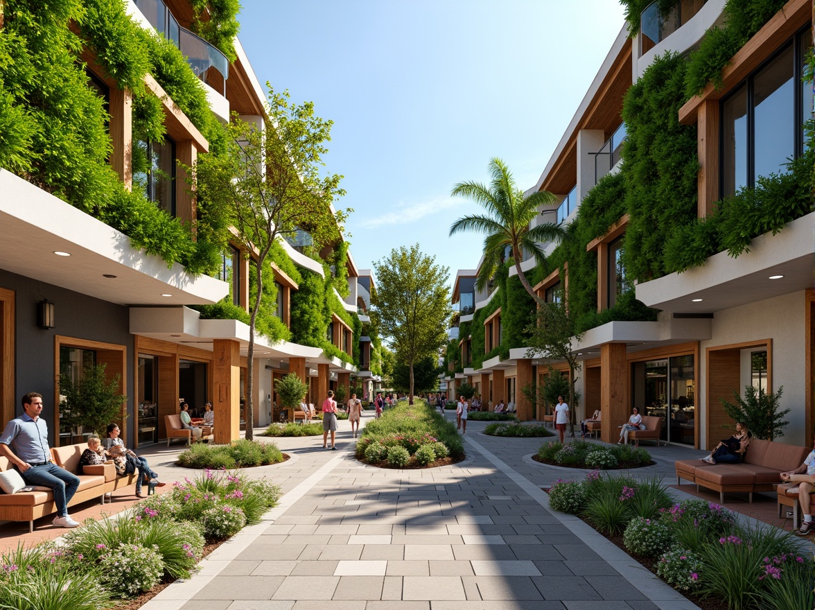 Prompt: Vibrant shopping center courtyard, lush green walls, natural stone flooring, water features, walking trails, seating areas, modern architecture, glass roofs, natural light, airy atmosphere, indoor-outdoor connection, blooming flowers, tropical plants, wooden accents, earthy tones, organic shapes, curved lines, minimal ornamentation, functional spaces, public art installations, urban landscape integration, bustling city surroundings, warm sunny day, soft diffused lighting, shallow depth of field, 1/2 composition, realistic textures, ambient occlusion.