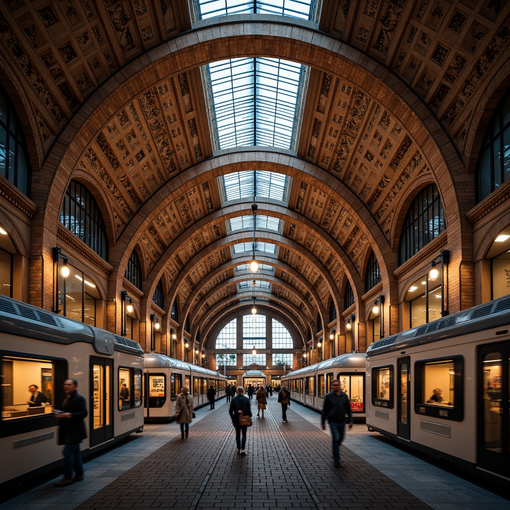 Prompt: Grand tram station, Romanesque arches, ornate stone carvings, vaulted ceilings, intricate mosaics, rustic brick walls, industrial metal beams, atmospheric lighting, warm color tones, busy urban scene, rush hour crowds, modern transportation hubs, sleek train designs, dynamic movement, shallow depth of field, 1/2 composition, cinematic angles, realistic textures, ambient occlusion.