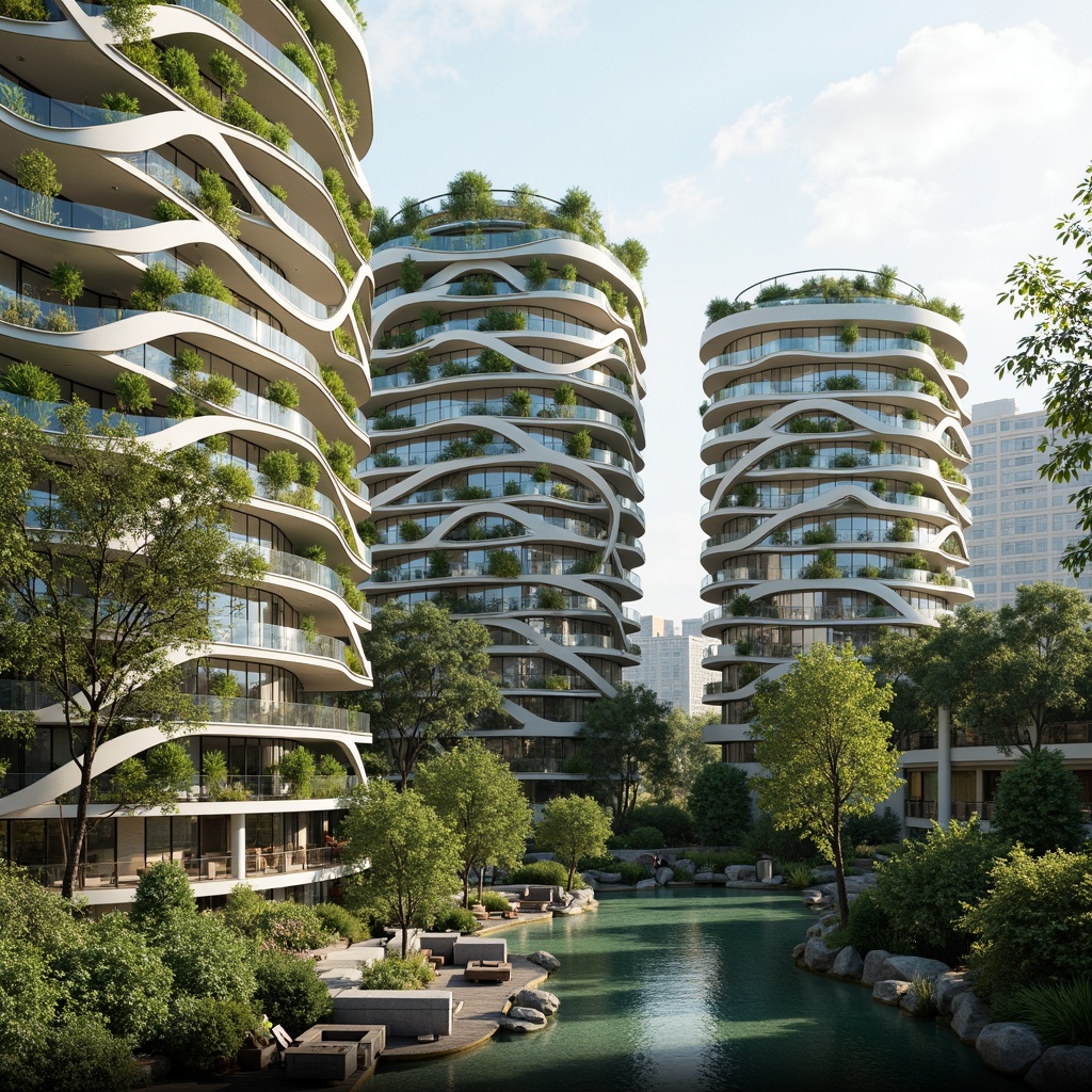 Prompt: Sustainable eco-friendly buildings, green roofs, solar panels, wind turbines, rainwater harvesting systems, recycled materials, minimal carbon footprint, energy-efficient design, natural ventilation systems, living walls, urban agriculture, rooftop gardens, biodiversity conservation, futuristic architecture, curved lines, organic shapes, transparent glass facades, maximized natural light, airy open spaces, 1/1 composition, soft warm lighting, ambient occlusion.