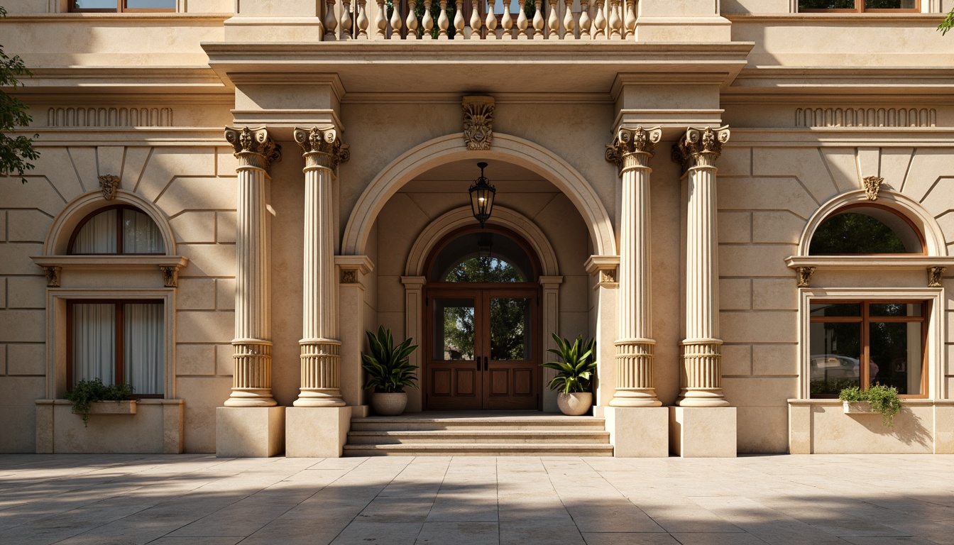 Prompt: Ornate classical facade, Corinthian columns, ornamental pilasters, intricately carved stone details, grand entranceways, arched windows, decorative pediments, subtle egg-and-dart moldings, fluted column shafts, acanthus leaf motifs, richly textured stone walls, warm beige color palette, soft diffused lighting, shallow depth of field, 1/1 composition, symmetrical balance, realistic textures, ambient occlusion.