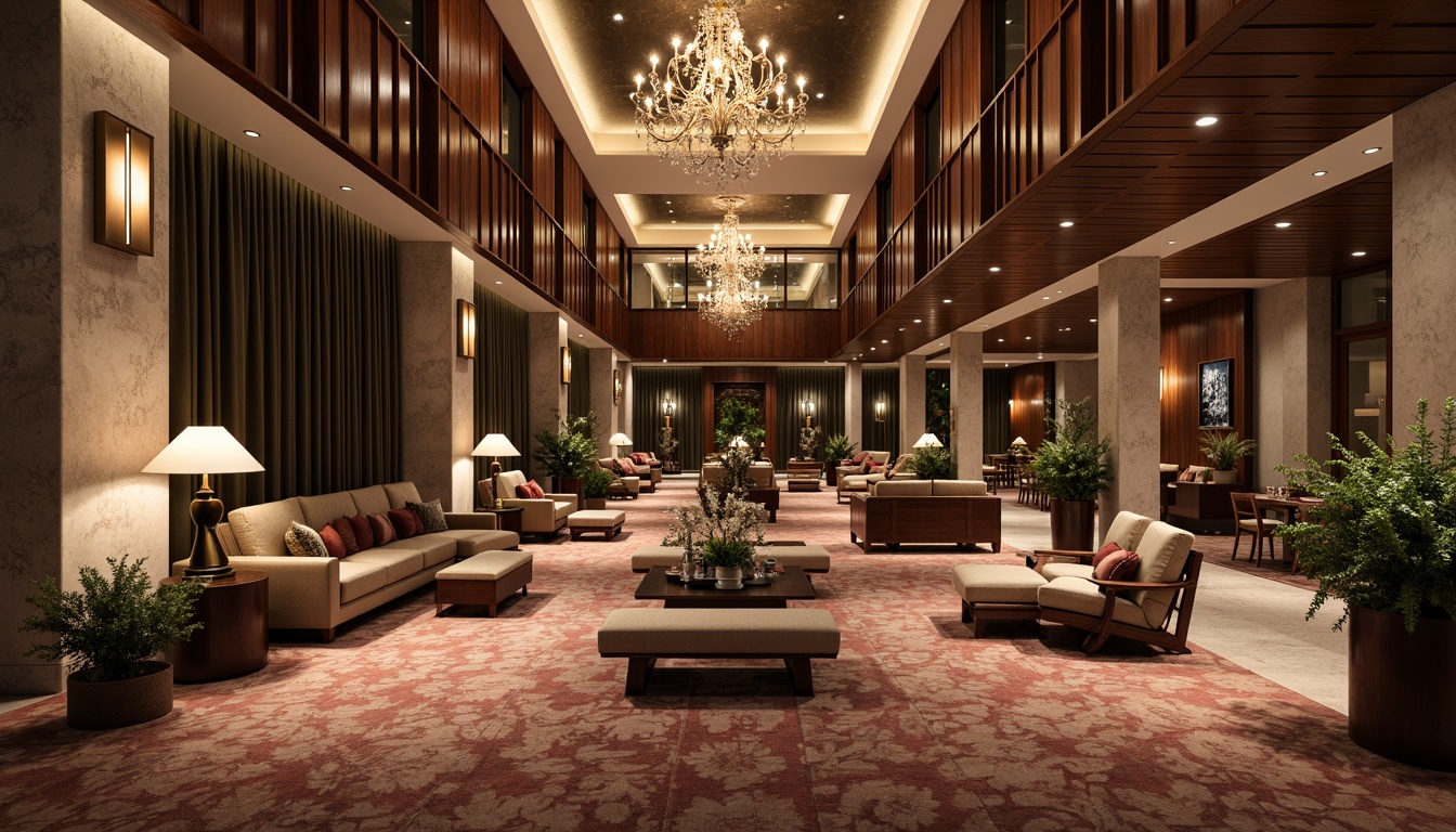 Prompt: Luxurious hotel lobby, rich wooden accents, velvety soft furnishings, metallic decorations, grand chandeliers, lavish carpets, opulent fabrics, tactile stone walls, sleek glass surfaces, warm ambient lighting, cozy seating areas, elegant columns, intricate ceiling details, natural textures, earthy color palette, inviting atmosphere, serene ambiance, warm color tones, 3/4 composition, shallow depth of field, realistic reflections.