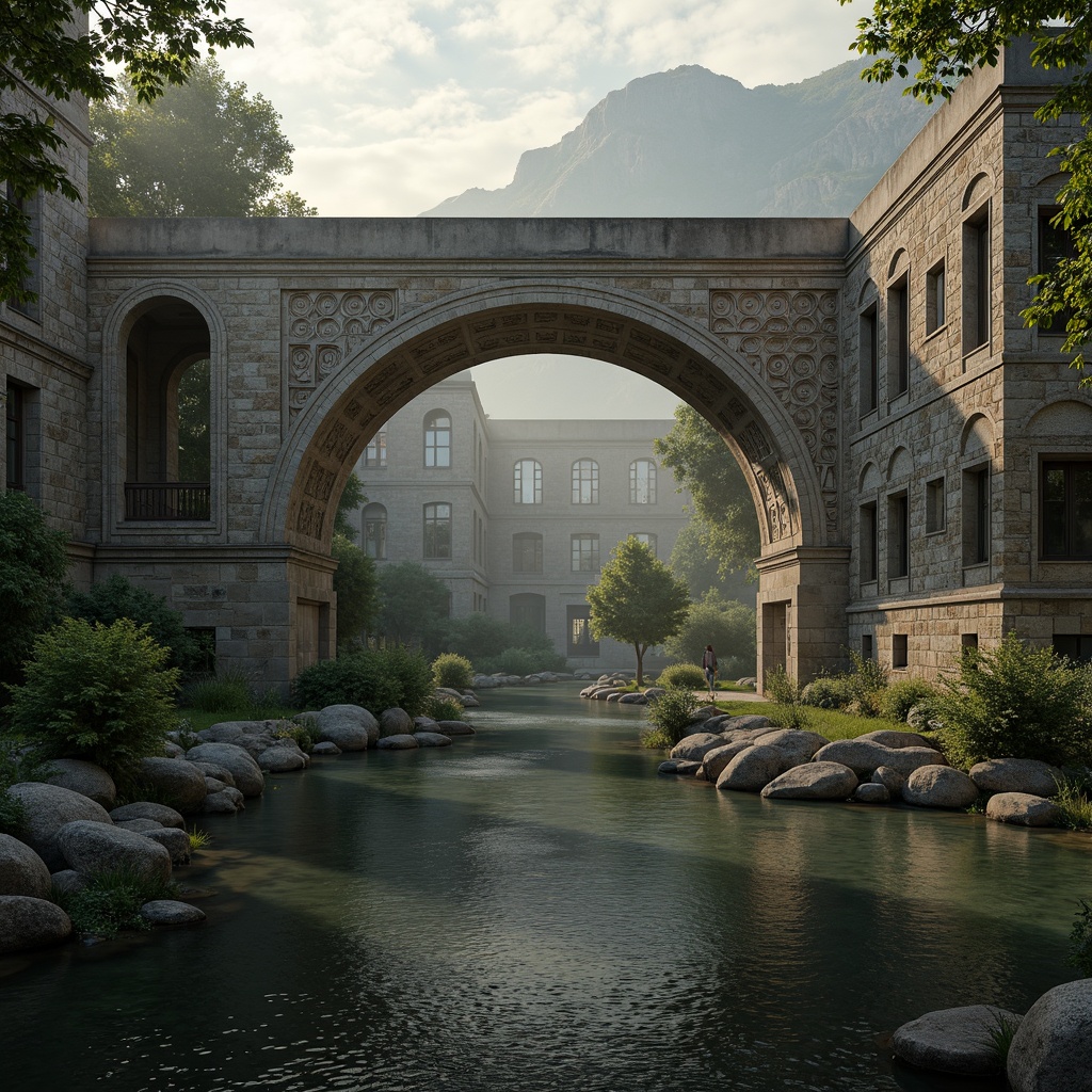 Prompt: Ancient stone bridge, Byzantine arches, ornate carvings, rusticated stonework, weathered granite, majestic pillars, grandeur architecture, misty morning light, soft warm glow, atmospheric perspective, 1/2 composition, romantic realism, intricate stone patterns, moss-covered walls, tranquil water reflections, subtle texture details, historic landmark, serene natural surroundings.