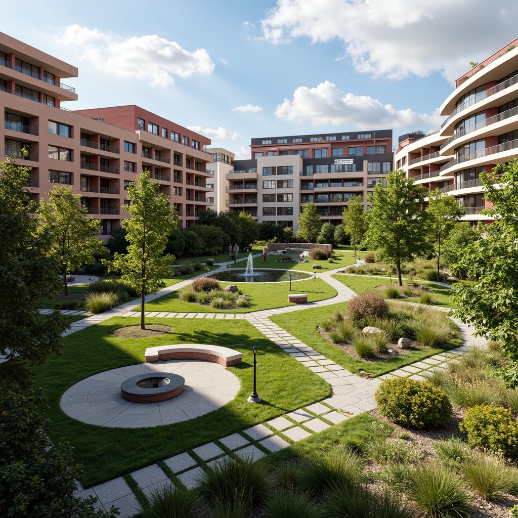 Prompt: Vibrant campus landscape, modern international style architecture, lush green lawns, diverse tree species, meandering walkways, natural stone pathways, water features, fountains, sculptures, outdoor seating areas, eclectic building facades, mixed materials, bold color schemes, geometric patterns, dynamic lighting systems, shallow depth of field, 1/2 composition, panoramic view, realistic textures, ambient occlusion.