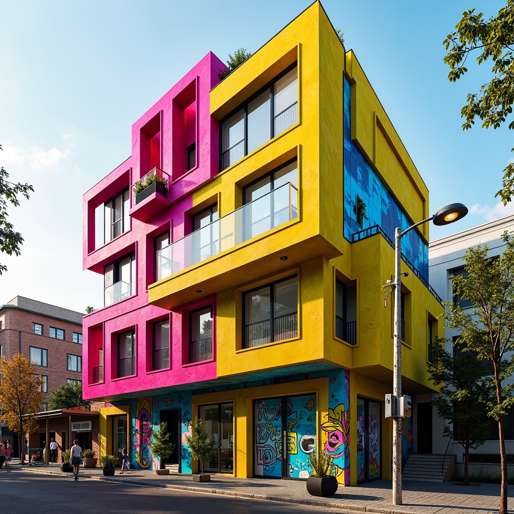 Prompt: Vibrant postmodernist building, neon-colored fa\u00e7ade, bold geometric shapes, bright pink accents, electric blue highlights, sunny yellow walls, turquoise ornate details, avant-garde architectural forms, irregular angles, fragmented structures, eclectic mix of materials, exposed ductwork, graffiti-inspired murals, distressed textures, industrial chic atmosphere, warm golden lighting, high contrast shadows, dynamic composition, abstract expressionist patterns, futuristic cyberpunk vibes.