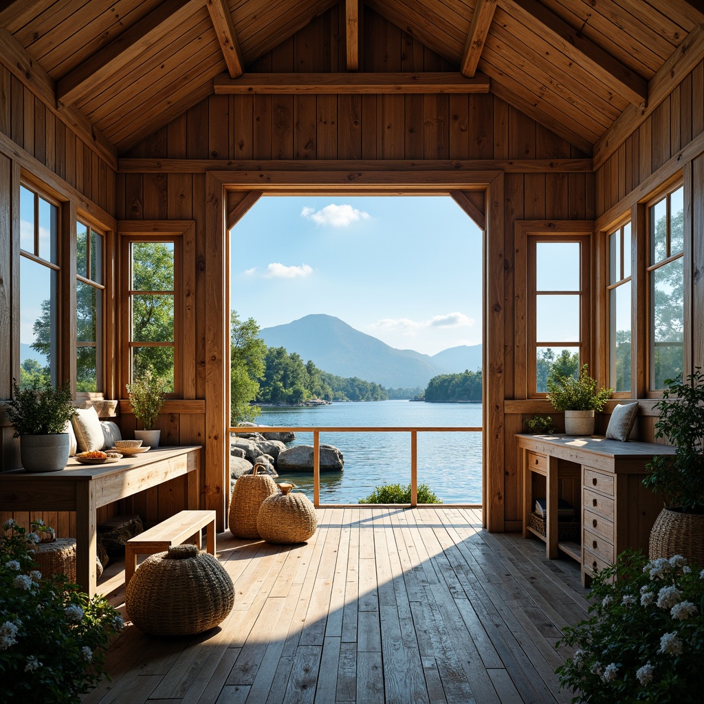 Prompt: Rustic boathouse, weathered wood accents, nautical themed decor, soft blue hues, calming lake views, serene natural surroundings, warm beige tones, earthy brown colors, vintage fishing nets, distressed wooden planks, cozy interior lighting, panoramic windows, natural stone foundations, lush greenery, sunny day, soft warm glow, shallow depth of field, 1/1 composition, realistic textures, ambient occlusion.