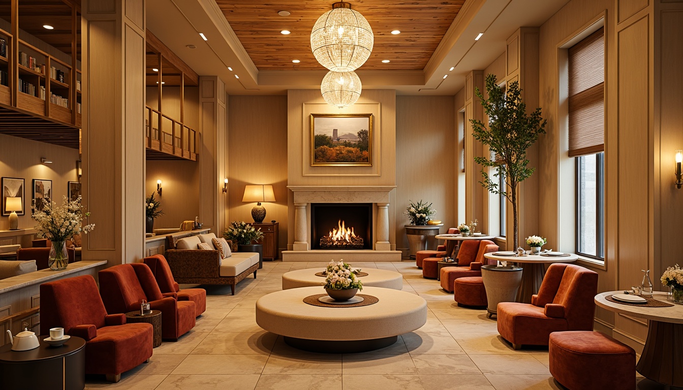 Prompt: Vibrant boutique hotel, warm beige walls, rich wood accents, plush velvet furniture, soft golden lighting, cozy fireplaces, elegant chandeliers, lavish floral arrangements, creamy marble countertops, sophisticated neutral tones, inviting earthy colors, comfortable seating areas, serene ambiance, shallow depth of field, 1/1 composition, realistic textures, ambient occlusion.