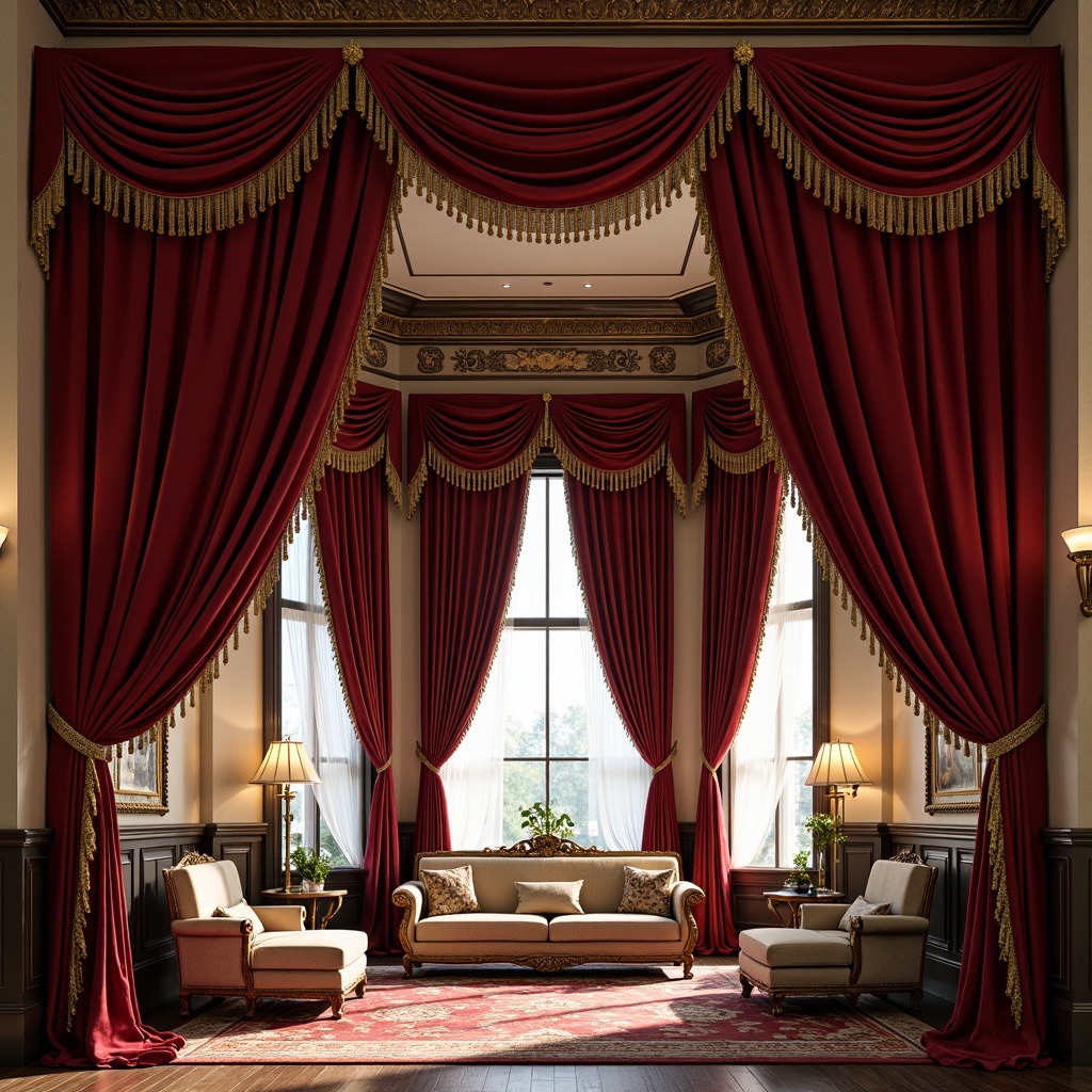 Prompt: Opulent velvet drapes, golden tassel trim, ornate wooden cornices, luxurious silk fabrics, rich brocade patterns, majestic floor-to-ceiling windows, grandiose swag valances, dramatic ceiling-high treatments, lavish folds and gatherings, intricate embroidery details, regal jewel-toned hues, soft diffused natural light, warm candlelit ambiance, 1/2 composition, intimate atmosphere, realistic fabric textures.