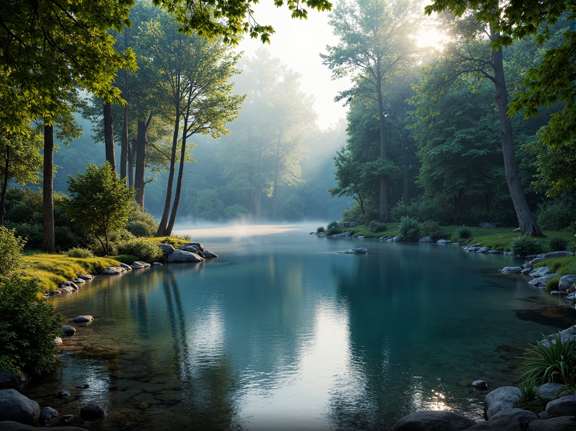 Prompt: Luxuriant sapphire blue tones, earthy brown hues, lush green foliage, misty morning dew, natural stone textures, rustic wooden accents, soft moss carpets, serene lake reflections, gentle water ripples, warm sunlight filtering, dappled forest shades, 1/2 composition, atmospheric perspective, vibrant color contrasts, realistic material renderings.