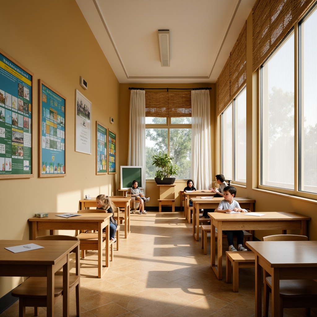 Prompt: Soft natural light, warm beige walls, educational charts, wooden desks, lively student artwork, modern suburban school architecture, large windows, plantation shutters, white sheer curtains, woven bamboo blinds, textured linen fabrics, gentle diffused lighting, shallow depth of field, 1/2 composition, realistic textures, ambient occlusion.