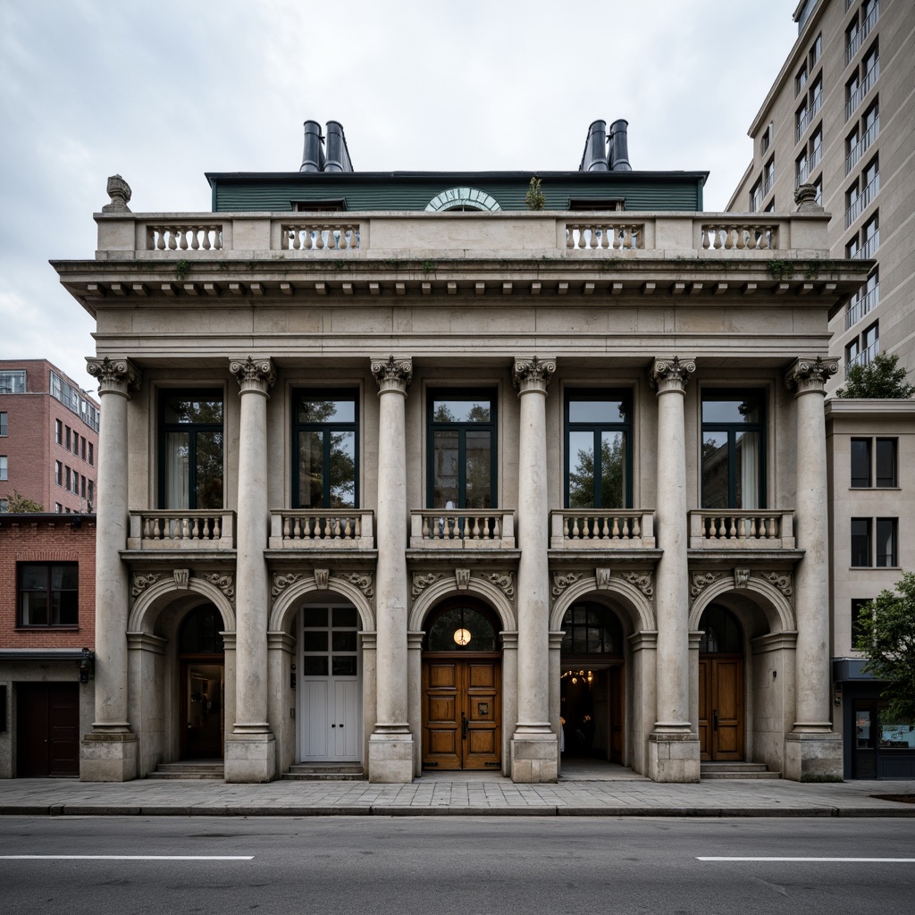 Prompt: Industrial factory building, neoclassical facade design, ornate columns, symmetrical architecture, grand entrance, large stone walls, metallic window frames, decorative cornices, rusticated bases, classic pilasters, carved wooden doors, intricate stonework, weathered copper roofs, industrial chimneys, urban cityscape, cloudy grey sky, soft diffused lighting, shallow depth of field, 2/3 composition, realistic textures, ambient occlusion.