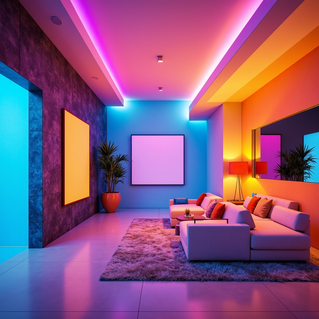 Prompt: Vibrant modern design studio, eclectic artwork, bold color blocks, pastel hues, neon accents, metallic finishes, sleek minimalism, atmospheric lighting, shallow depth of field, 1/1 composition, realistic textures, ambient occlusion.