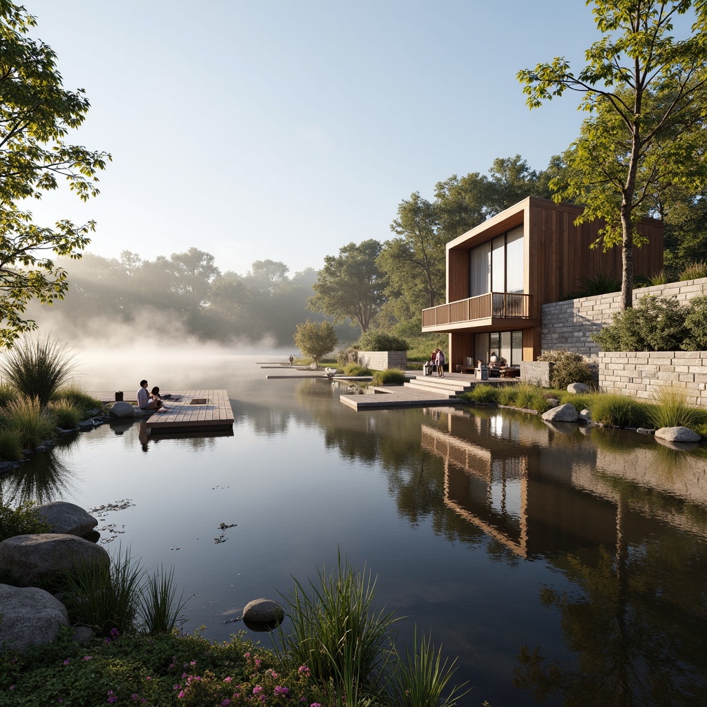 Prompt: Serene lakefront scenery, misty morning fog, calm water reflections, rustic wooden docks, weathered stone retaining walls, natural earth tones, soft blues and greens, warm beige accents, creamy whites, rich wood textures, modern lake house architecture, large windows, sliding glass doors, outdoor living spaces, cozy fire pit areas, lush greenery, vibrant aquatic plants, sunny day, soft warm lighting, shallow depth of field, 3/4 composition, panoramic view, realistic water reflections.