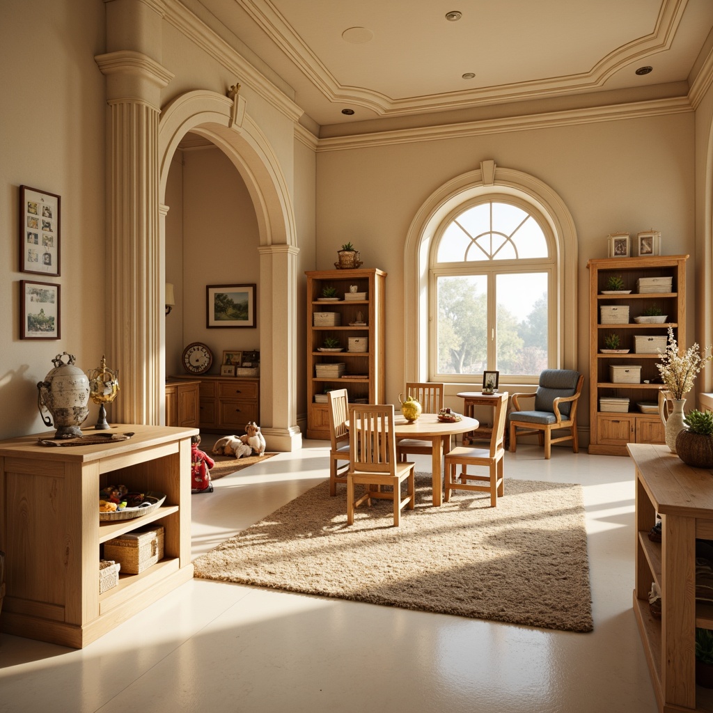 Prompt: Traditional kindergarten interior, warm beige walls, soft cream-colored flooring, elegant wooden furniture, ornate moldings, classic columns, rounded archways, vintage-inspired educational toys, antique-style bookshelves, cozy reading nooks, plush area rugs, gentle natural light, warm color palette, 1/2 composition, intimate atmosphere, realistic textures, subtle ambient occlusion.