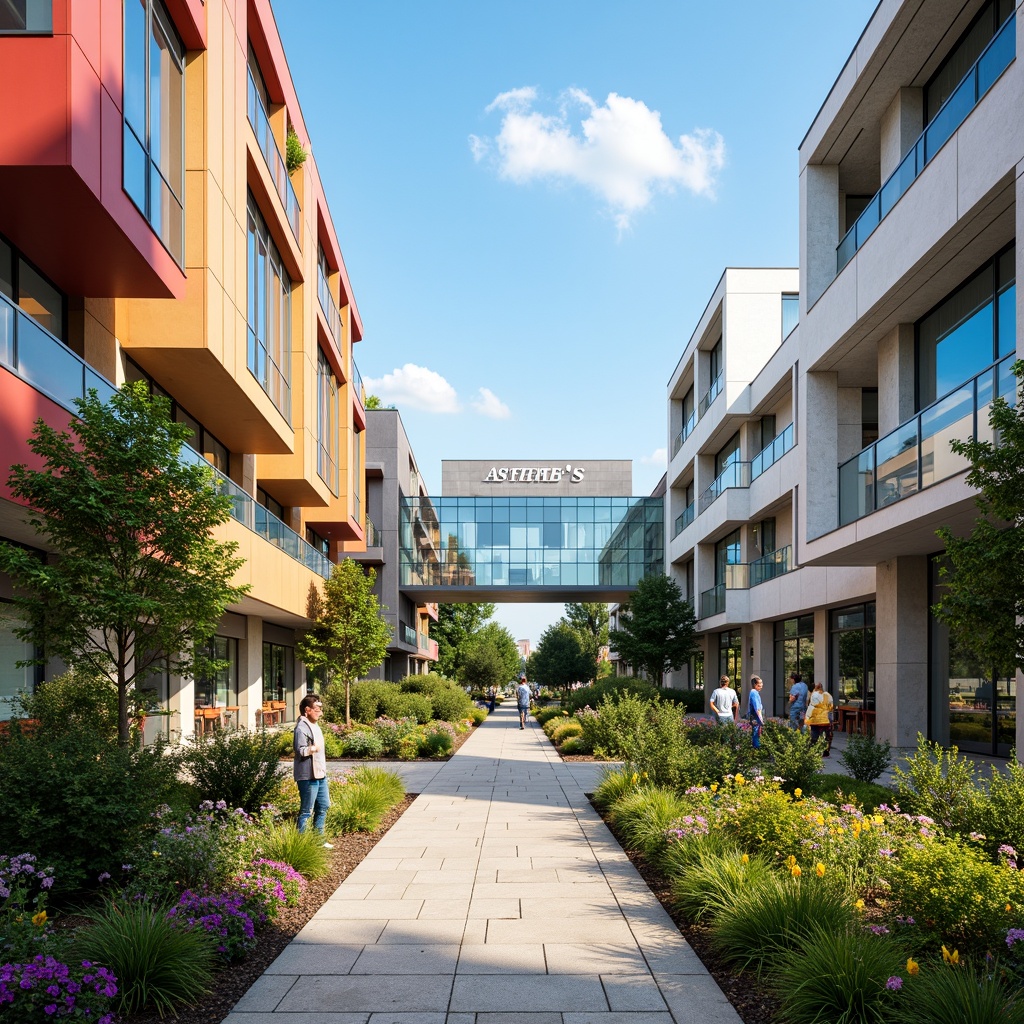 Prompt: Vibrant university campus, modernist architecture, sleek glass facades, brutalist concrete structures, metallic accents, bold color blocks, abstract geometric patterns, natural stone walkways, lush greenery, blooming flowers, sunny day, soft warm lighting, shallow depth of field, 3/4 composition, panoramic view, realistic textures, ambient occlusion, bright whites, deep blues, warm beiges, earthy reds, vibrant yellows, dynamic color contrasts.