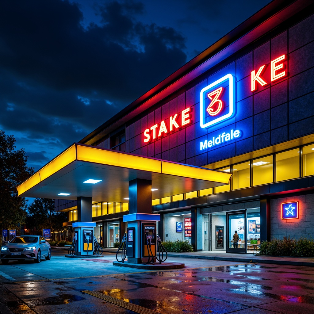 Prompt: Vibrant gas station, neon lights, bold signage, modernist architecture, sleek lines, metallic accents, industrial materials, concrete walls, glass canopies, retro-futuristic vibe, electric blue hues, bright yellow accents, deep crimson reds, glossy black surfaces, chrome details, urban landscape, cityscape views, dramatic nighttime lighting, shallow depth of field, 1/1 composition, realistic reflections, ambient occlusion.