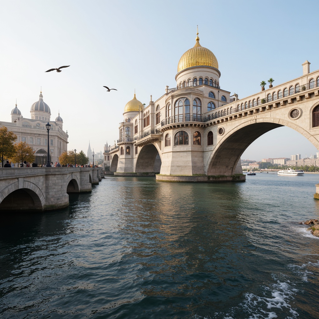 Prompt: Majestic waterfront scenery, Byzantine-inspired bridge architecture, ornate stone carvings, grand arches, golden domes, intricate mosaics, water reflections, rippling waves, sailing boats, seagulls flying overhead, misty morning atmosphere, warm soft lighting, shallow depth of field, 1/1 composition, symmetrical framing, realistic textures, ambient occlusion.