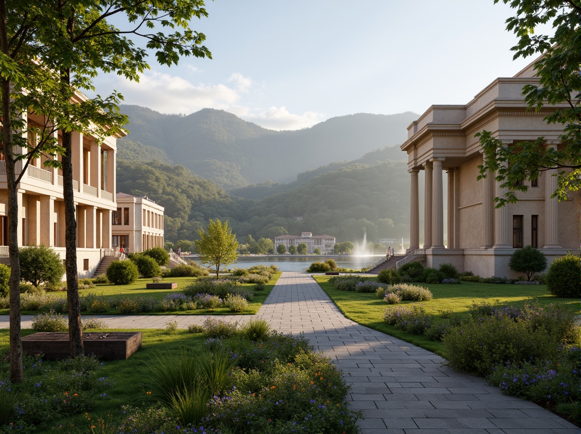 Prompt: Elegant neoclassical buildings, grandiose columns, ornate facades, symmetrical architecture, lush greenery, rolling hills, serene lakeside, misty morning, warm sunlight, soft shadows, natural stone pathways, rustic benches, vibrant flowerbeds, manicured lawns, tranquil atmosphere, 1/1 composition, cinematic view, realistic rendering, ambient occlusion, subtle color grading.