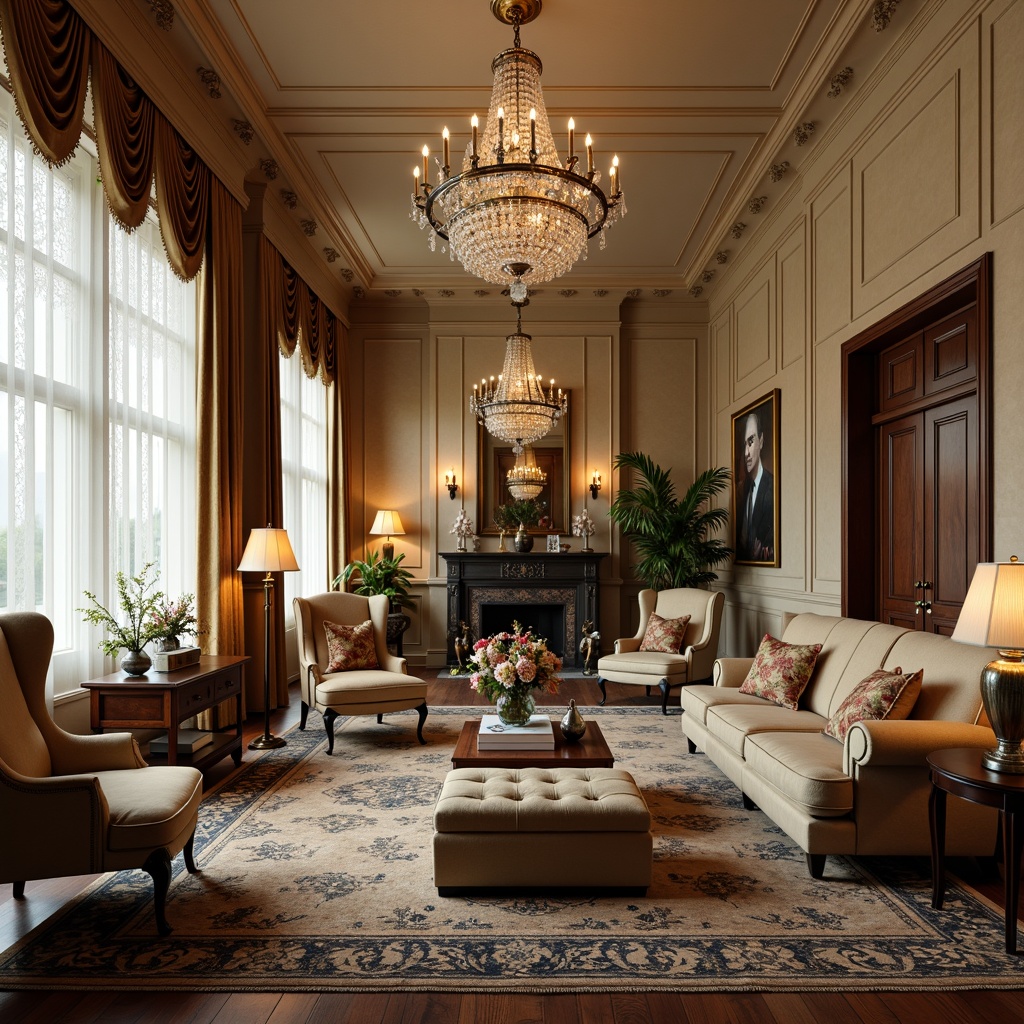 Prompt: Elegant sitting room, ornate wooden furniture, rich velvet fabrics, subtle sheen, soft warm lighting, neutral beige walls, classic patterned rugs, luxurious silk upholstery, intricate embroidered details, subtle texture contrasts, traditional English roll armchairs, sophisticated tufted ottomans, refined crystal chandeliers, delicate lace curtains, understated floral motifs, muted earthy tones, subtle gold accents.