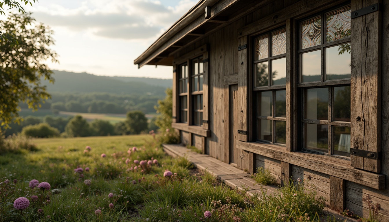 Prompt: Rustic rural landscape, rolling hills, verdant fields, vintage farmhouse, ornate Art Deco windows, geometric patterns, bold metal frames, multi-paned glass, wooden shutters, distressed finishes, earthy color palette, warm natural lighting, soft focus, shallow depth of field, 1/2 composition, symmetrical balance, realistic textures, ambient occlusion.