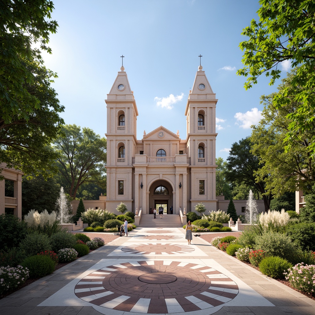 Prompt: Symmetrical grand entrance, identical twin towers, mirrored reflections, precise geometric shapes, radial patterned floors, harmonious proportions, central axis, bilateral symmetry, majestic arches, imposing columns, ornate details, elegant fountains, symmetrical staircases, balanced composition, formal gardens, lush greenery, vibrant flowers, sunny day, soft warm lighting, shallow depth of field, 3/4 composition, panoramic view, realistic textures, ambient occlusion.