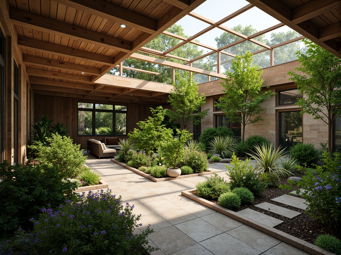 Prompt: Vibrant botanical garden, lush greenery, natural stone walls, wooden accents, floor-to-ceiling windows, sliding glass doors, skylights, clerestory windows, soft warm lighting, gentle shadows, rustic wooden beams, earthy color palette, organic textures, 1/1 composition, shallow depth of field, realistic renderings.