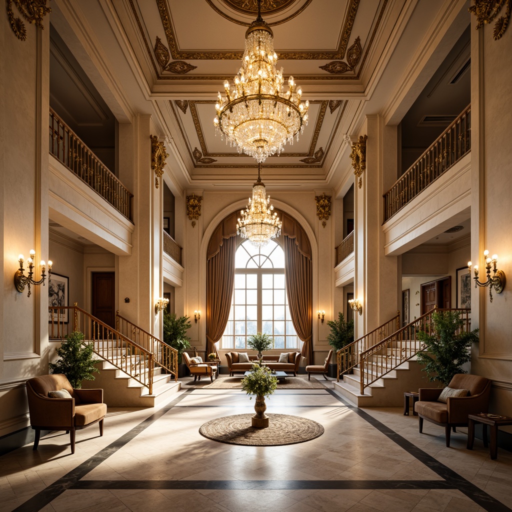 Prompt: Elegant neoclassical interior, ornate chandeliers, crystal droplets, golden accents, marble flooring, grand staircases, high ceilings, arched windows, lavish furnishings, intricate moldings, soft warm glow, LED strip lighting, concealed fixtures, ambient illumination, 3-point lighting setup, dramatic shadows, realistic reflections, subtle color temperature shifts, warm beige tones, rich wood textures.