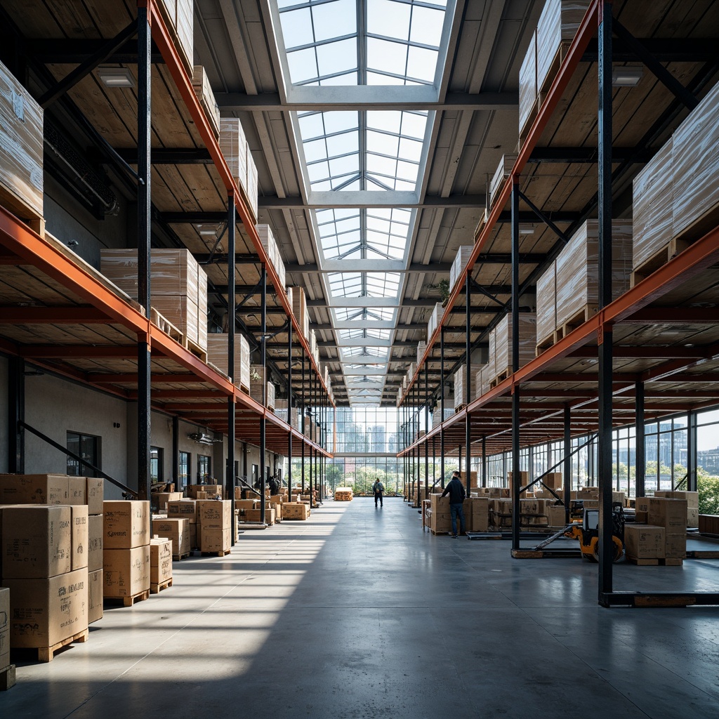 Prompt: Warehouse interior, high ceilings, clerestory windows, skylights, natural light pouring in, metal shelving units, inventory storage, concrete floors, industrial atmosphere, urban surroundings, cityscape views, modern architecture, minimalist design, optimized layout, energy-efficient systems, solar tubes, reflective surfaces, bright color scheme, airy feel, shallow depth of field, 1/2 composition, realistic textures, ambient occlusion.