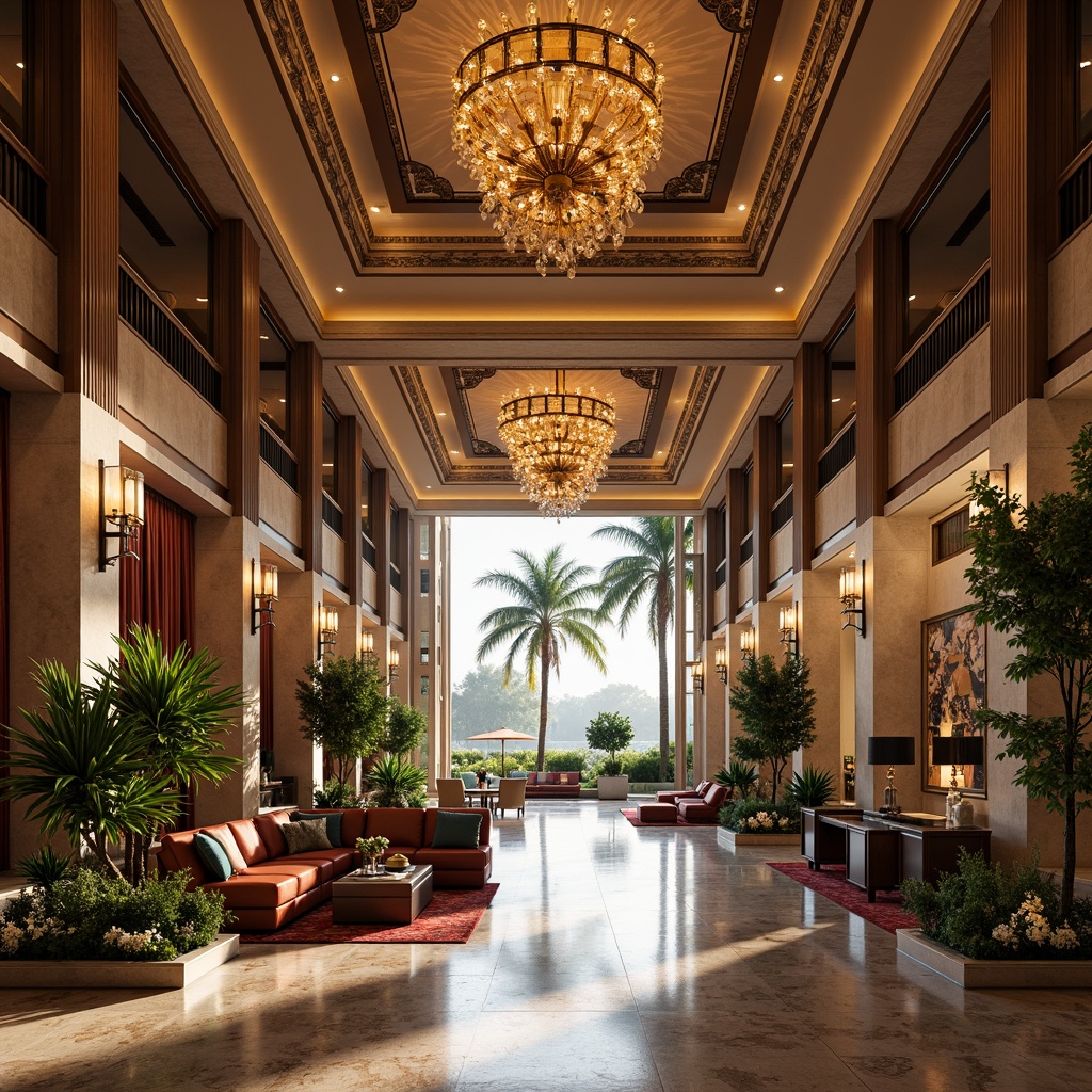 Prompt: Luxurious hotel facade, grand entrance, ornate details, elegant columns, spacious lobby, high ceiling, marble flooring, sophisticated lighting, lavish chandeliers, plush furnishings, vibrant color scheme, intricate patterns, natural stone walls, floor-to-ceiling windows, sliding glass doors, outdoor seating areas, tropical plants, sunny afternoon, soft warm lighting, shallow depth of field, 3/4 composition, realistic textures, ambient occlusion.