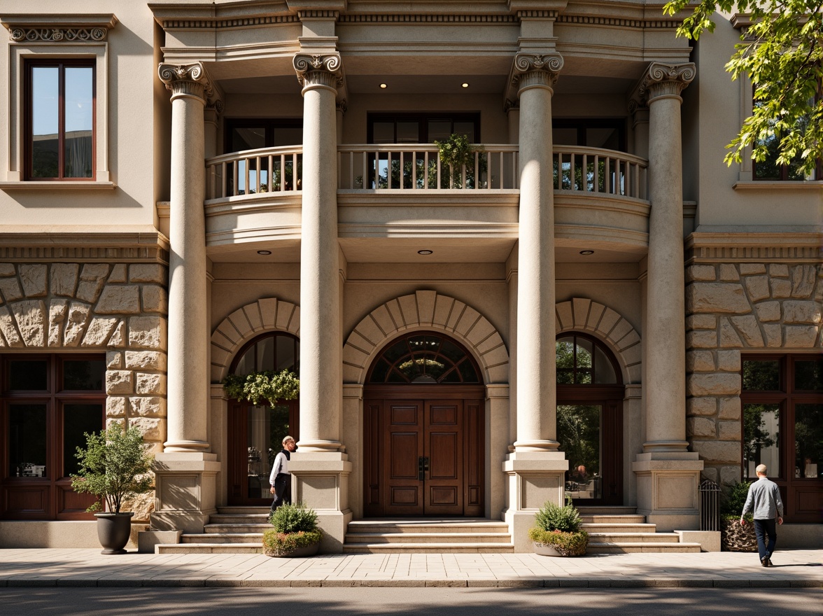 Prompt: Grandiose building facade, ornate columns, symmetrical composition, rusticated stone walls, arched windows, decorative pilasters, ornamental cornices, carved wooden doors, intricate moldings, grand entranceways, imposing scale, subtle warm lighting, shallow depth of field, 1/1 composition, realistic textures, ambient occlusion.