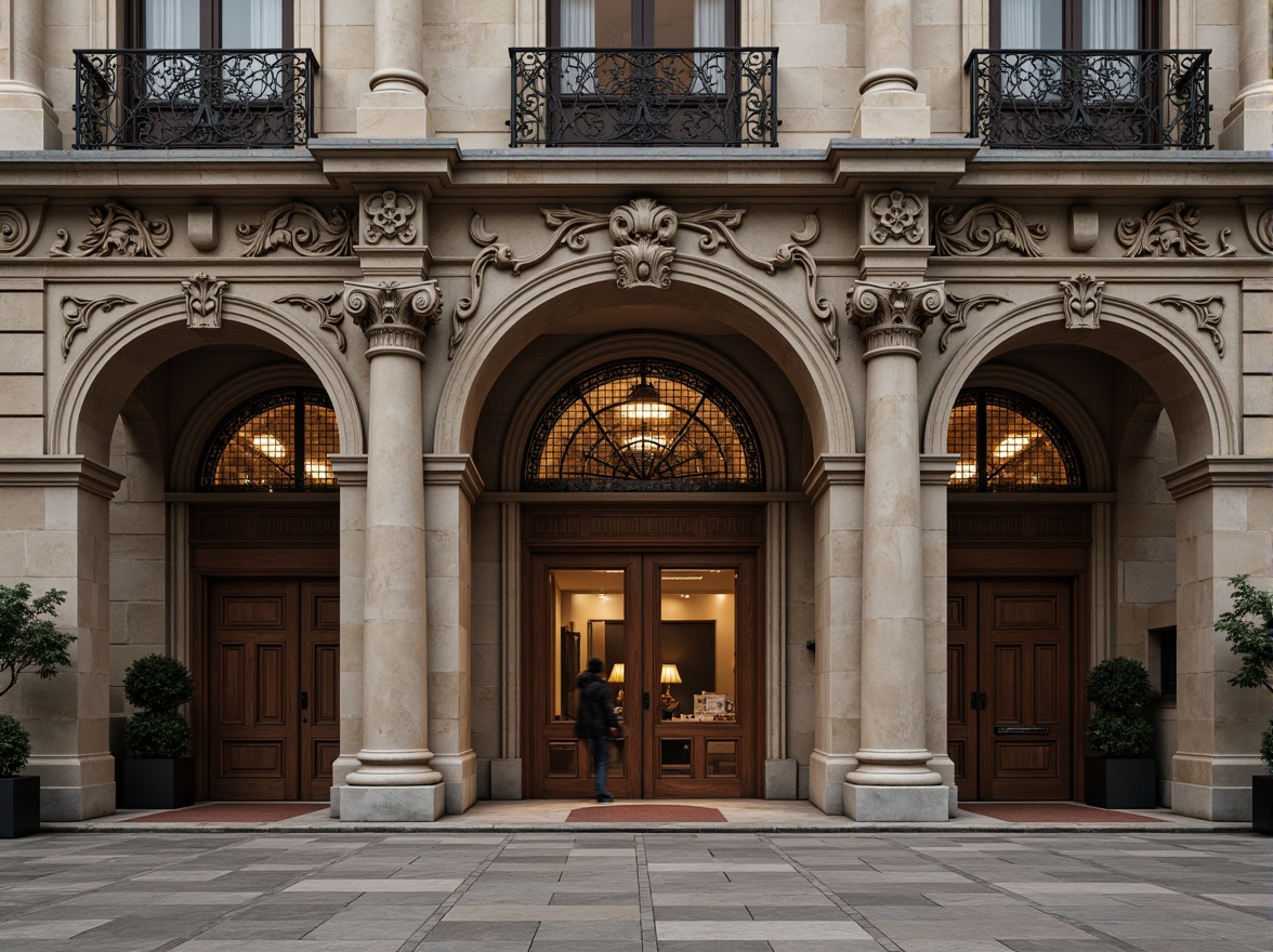 Prompt: Grand neoclassical facade, ornate columns, symmetrical composition, intricately carved details, grand entrance, majestic arches, rusticated stone walls, classical pediments, decorative cornices, ornamental balustrades, balconies with intricate metalwork, grandiose scale, subtle warm lighting, 1/1 composition, shallow depth of field, soft focus, realistic textures, ambient occlusion.