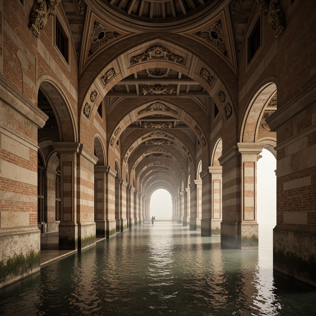 Prompt: Grand archways, ornate bridges, Byzantine-inspired architecture, intricately carved stone ornaments, vaulted ceilings, majestic columns, ornamental capitals, rustic brickwork, weathered stone walls, serene water reflections, misty morning atmosphere, soft warm lighting, shallow depth of field, 3/4 composition, panoramic view, realistic textures, ambient occlusion.