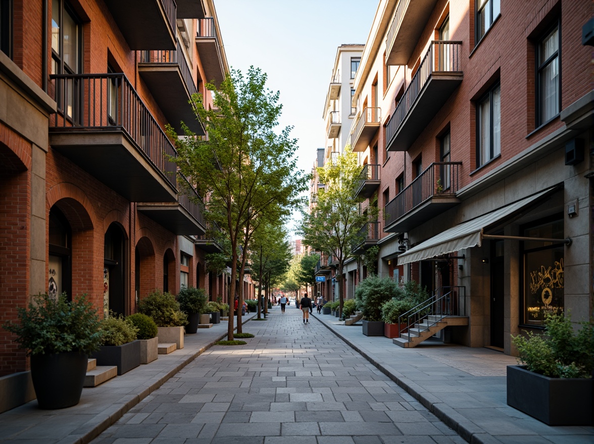 Prompt: Urban streetscape, historic brick buildings, ornate facades, arched windows, decorative cornices, rusty metal gates, vibrant street art, pedestrian walkways, lush greenery, warm afternoon lighting, shallow depth of field, 1/2 composition, realistic textures, ambient occlusion.