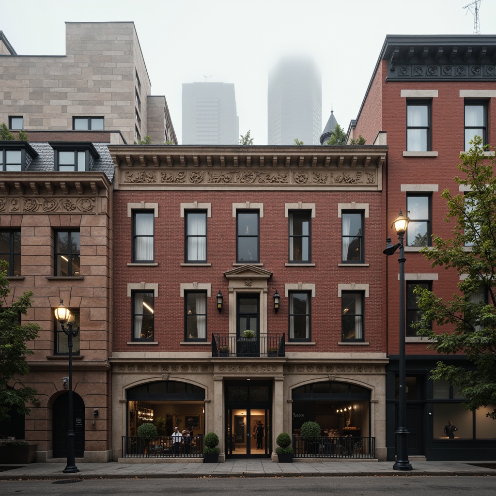 Prompt: Historic cityscape, traditional brick buildings, ornate facades, rustic red brick textures, decorative arches, grand entranceways, stone carvings, intricate moldings, industrial-era chimneys, vintage streetlights, foggy morning atmosphere, soft warm lighting, shallow depth of field, 1/1 composition, realistic textures, ambient occlusion.