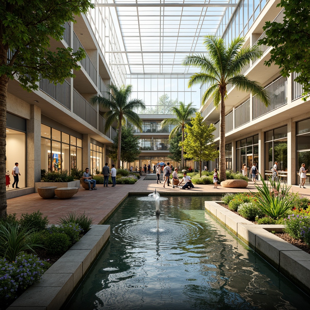 Prompt: Vibrant shopping mall, lush green roofs, natural stone walls, water features, walking trails, outdoor seating areas, modern architecture, large skylights, glass ceilings, blooming plants, tropical trees, warm sunny day, soft natural lighting, shallow depth of field, 3/4 composition, panoramic view, realistic textures, ambient occlusion, bustling pedestrian traffic, dynamic fountain displays, colorful koi ponds, elegant wooden benches, intricate metal railings.