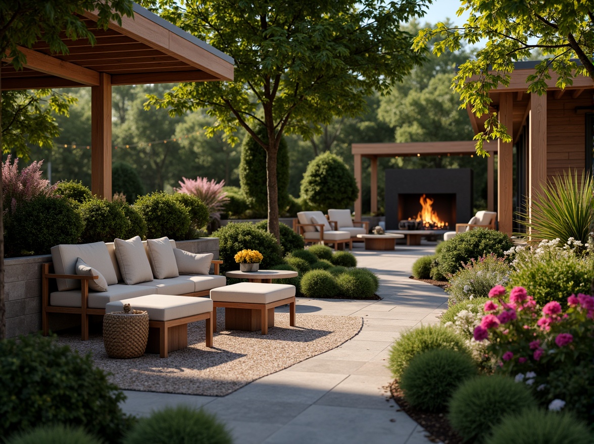 Prompt: Cozy patio, lush greenery, vibrant flowers, comfortable seating areas, outdoor fireplaces, warm string lights, natural stone flooring, wooden accents, modern outdoor furniture, plush cushions, soft warm lighting, shallow depth of field, 3/4 composition, panoramic view, realistic textures, ambient occlusion.