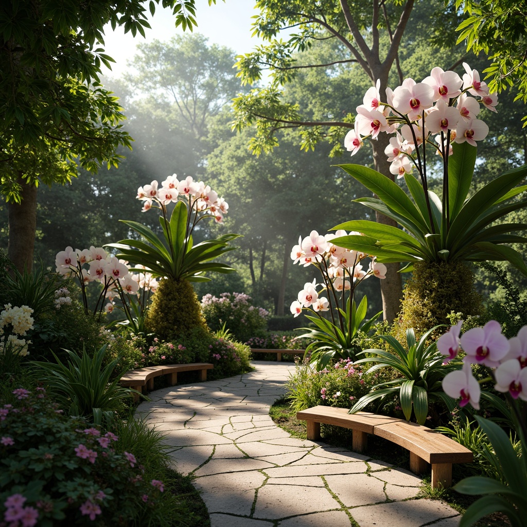 Prompt: Exotic botanical garden, lush greenery, rare orchids, delicate petals, pastel hues, soft pink undertones, creamy whites, warm beige accents, metallic gold leaf details, intricate flower patterns, natural stone pathways, whimsical wooden benches, dappled sunlight, gentle misting, shallow depth of field, 1/1 composition, realistic textures, ambient occlusion.