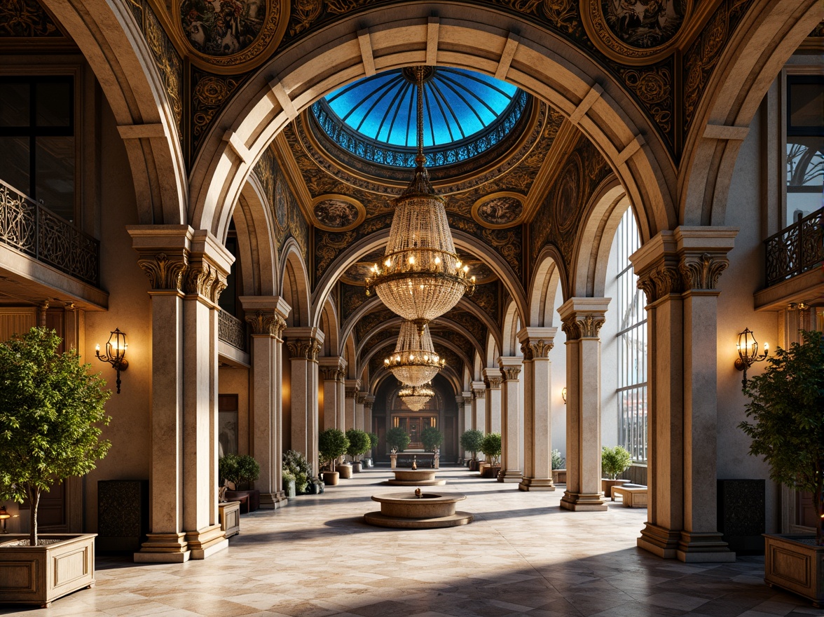 Prompt: Intricate archways, ornate Byzantine details, rich golden mosaics, vibrant blue domes, grandiose columns, marble floors, lavish chandeliers, exquisite frescoes, ornamental capitals, curved vaulted ceilings, symmetrical layouts, dramatic natural light, warm ambient glow, subtle shadows, high contrast ratio, 1/2 composition, shallow depth of field, realistic textures, ambient occlusion.