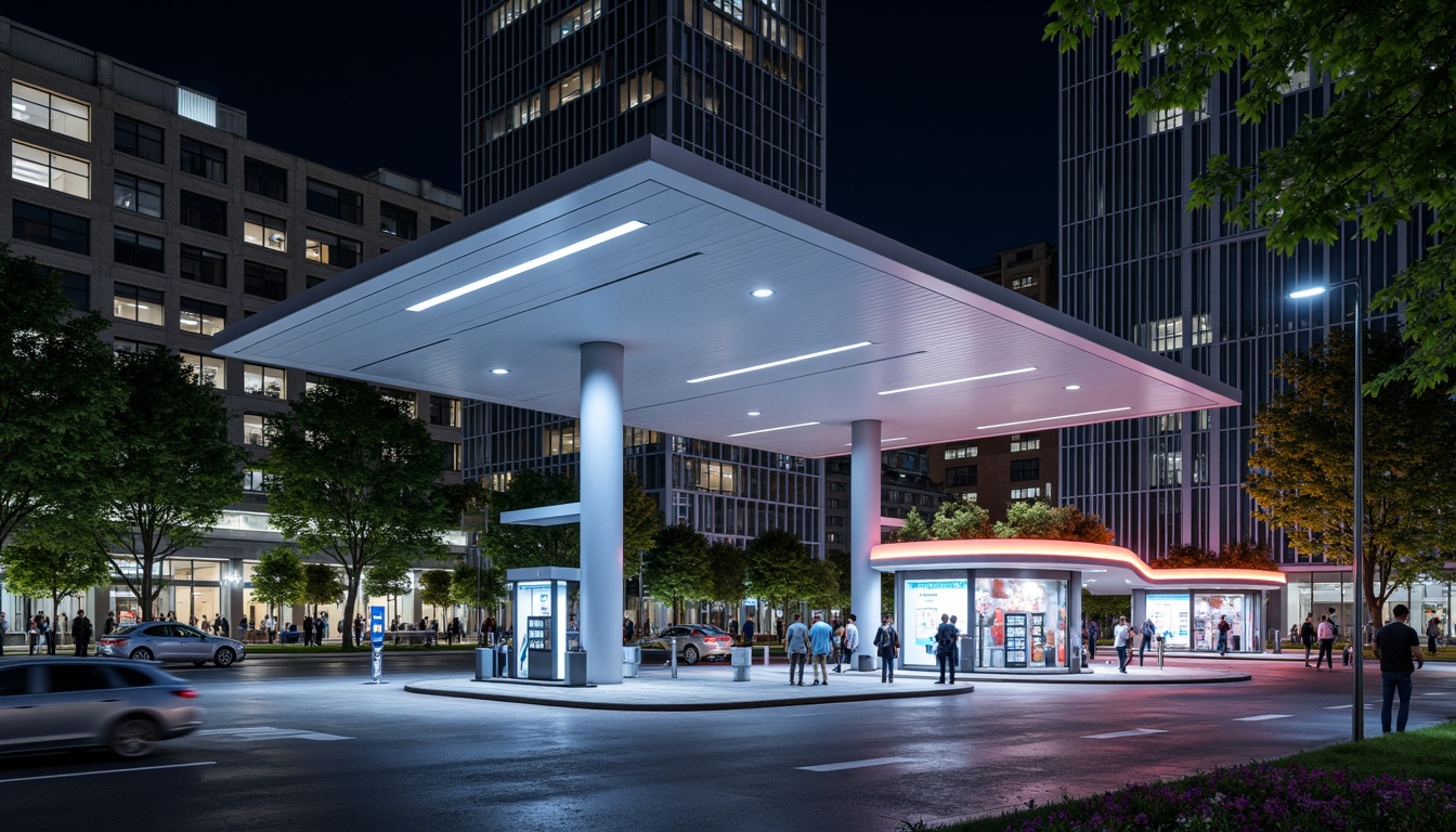 Prompt: Futuristic gas station, sleek metal canopies, LED lighting strips, reflective glass fa\u00e7ades, angular lines, minimalist design, sustainable energy solutions, solar panels, green roofs, eco-friendly materials, innovative cooling technologies, shaded outdoor spaces, misting systems, modern fuel pumps, stainless steel accents, concrete foundations, industrial-style signage, vibrant neon colors, urban cityscape, busy streets, night scene, shallow depth of field, 3/4 composition, realistic textures, ambient occlusion.