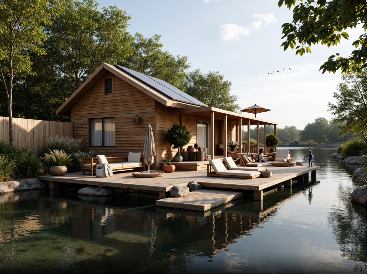 Prompt: Rustic boathouse, waterfront location, wooden dock, natural surroundings, eco-friendly materials, reclaimed wood, bamboo accents, low-maintenance exterior, solar panels, green roofs, rainwater harvesting systems, minimal waste design, recycled plastic furniture, nautical-themed decor, weathered metal details, soft warm lighting, shallow depth of field, 1/2 composition, realistic textures, ambient occlusion.