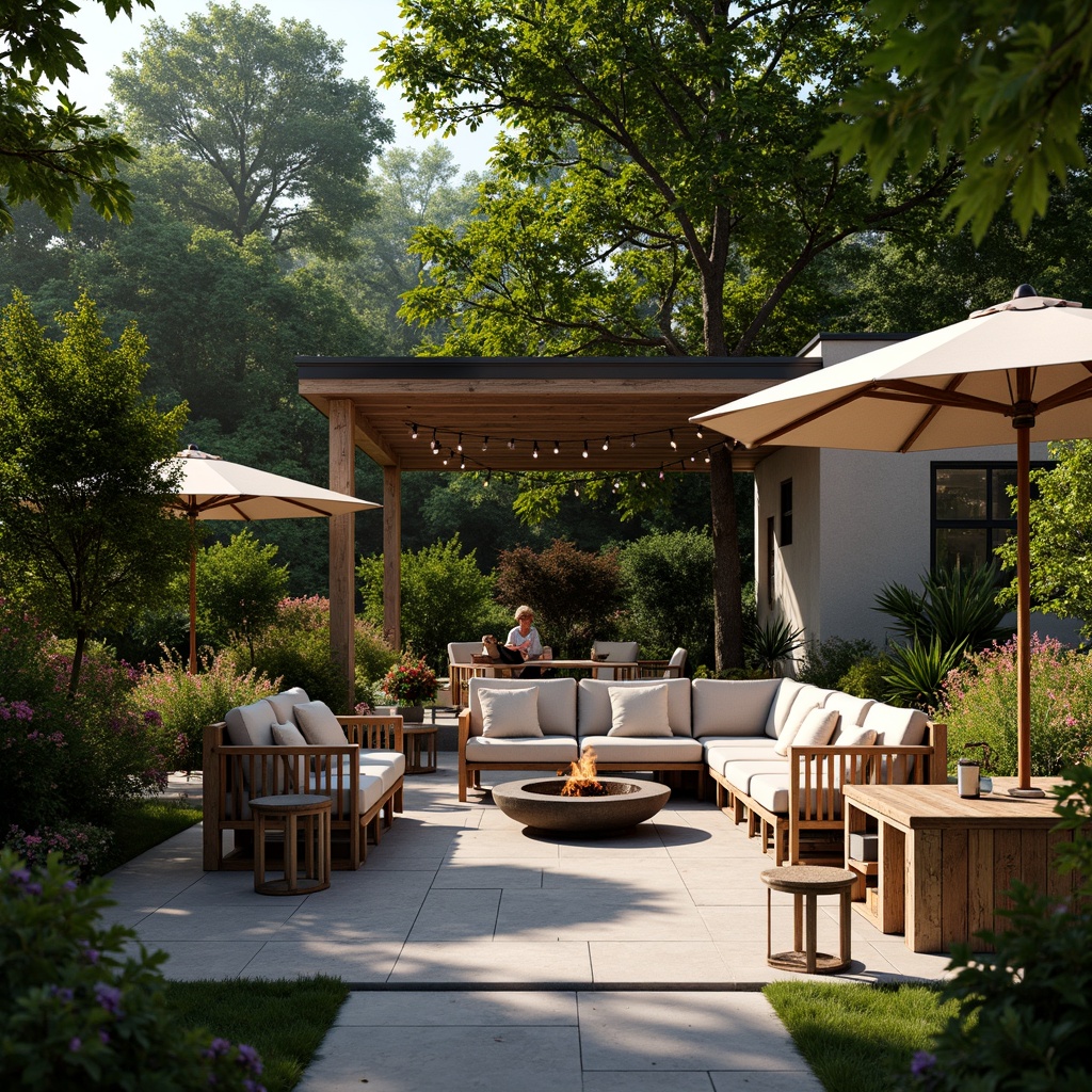 Prompt: Inviting patio, lush greenery, vibrant flowers, comfortable outdoor furniture, rustic wooden benches, lanterns, string lights, warm fire pit, natural stone flooring, modern pergola, cantilevered roof, large umbrellas, soft warm lighting, shallow depth of field, 3/4 composition, panoramic view, realistic textures, ambient occlusion.