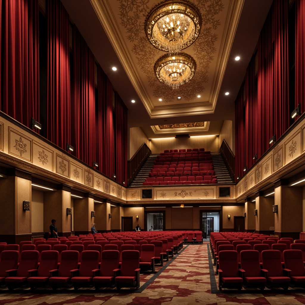 Prompt: Luxurious auditorium interior, rich velvet curtains, elegant gold accents, sophisticated dark wood tones, plush red seats, dramatic spotlights, soft warm ambiance, high ceiling design, ornate chandeliers, classic architectural details, refined color palette, deep berry hues, muted earth tones, subtle metallic sheen, warm beige walls, intimate atmosphere, precise lighting control, 3/4 composition, realistic textures, ambient occlusion.