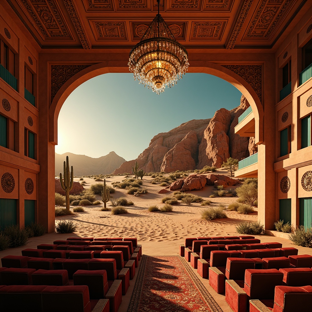 Prompt: Luxurious opera house, majestic desert landscape, sandy dunes, cactus plants, warm golden light, vibrant turquoise accents, rich terracotta walls, ornate Moorish arches, intricate geometric patterns, lavish velvet drapes, grand crystal chandeliers, plush crimson seats, opulent gold details, dramatic spotlights, soft warm glow, shallow depth of field, 3/4 composition, panoramic view, realistic textures, ambient occlusion.