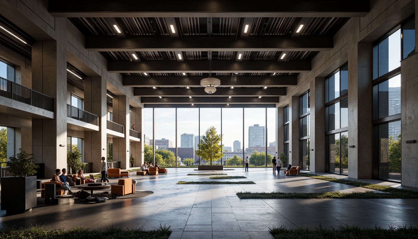 Prompt: Geometric auditorium, asymmetrical facade, clean lines, industrial materials, steel beams, concrete walls, large windows, minimalist decor, functional design, bold typography, primary color scheme, rectangular shapes, cantilevered balconies, open floor plan, natural light, dramatic shadows, low-angle shot, 1/2 composition, cinematic lighting, high contrast ratio, modernist architecture, urban landscape, cityscape background.