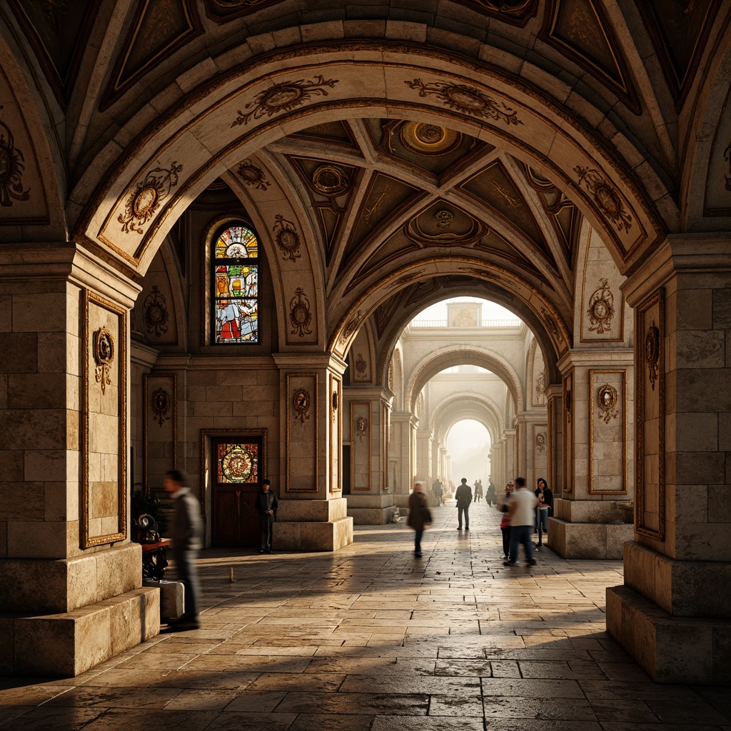 Prompt: Rustic stone walls, ornate carvings, grand archways, imposing columns, intricate mosaics, vibrant frescoes, rough-hewn granite, weathered brick facades, ornamental ironwork, stained glass windows, majestic vaulted ceilings, dramatic lighting effects, atmospheric fog, warm golden hour, 1/1 composition, symmetrical framing, high-contrast rendering, detailed normal maps.